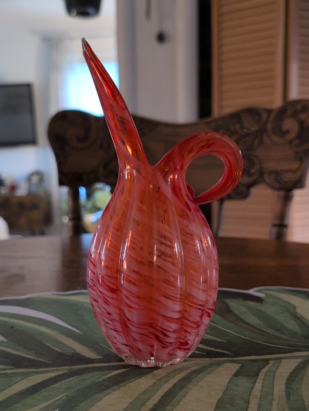 ✨ Vintage Mid-Century Japanese Art Glass Pitcher Vase – Vibrant Orange Swirl 🍊